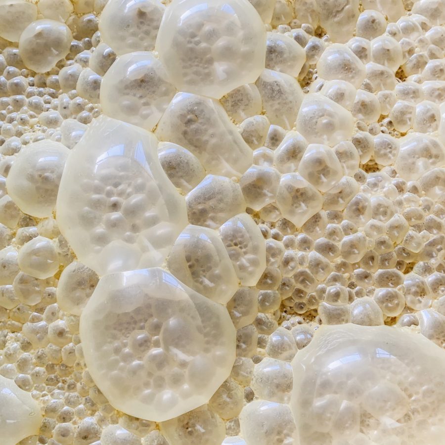 Close up image of cachaça fermentation bubbles.