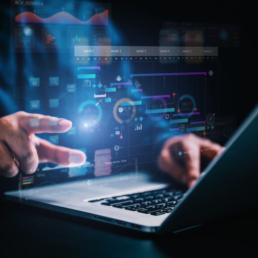 analytics chart, business analysis chart KPI showing icon on virtual screen monitor laptop by hologram virtual screen technology